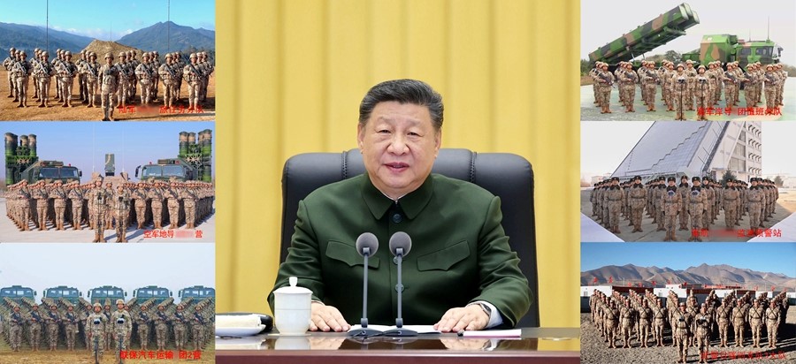 中共軍委會主席（中）利用視訊對中共各級軍隊講話。圖／取自中國全國政協委員會