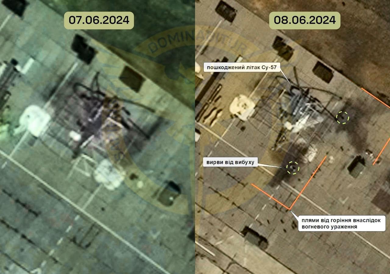 烏克蘭國防部情報總局在Telegram分享衛星照片，左圖Su-57仍完好無損，到了6月8日（右圖），周圍的混凝土帶上有火燒過的黑痕和爆炸坑洞。圖/取自Головне управління розвідки Міністерства оборони України 臉書