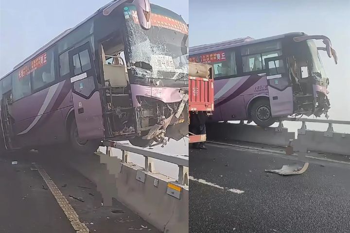 濃霧釀禍！河南開封黃河公路大橋連環撞　大巴半懸空