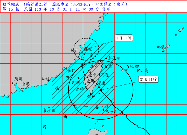 康芮颱風31日上午11點中心位置已在台東東南海面70公里處。圖／氣象署提供