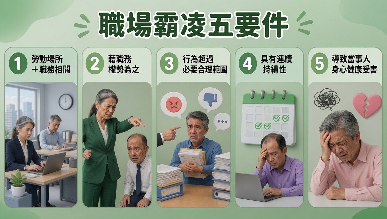 圖為職場霸凌五要件，AI生成，記者於慶中製作。圖/AI生成