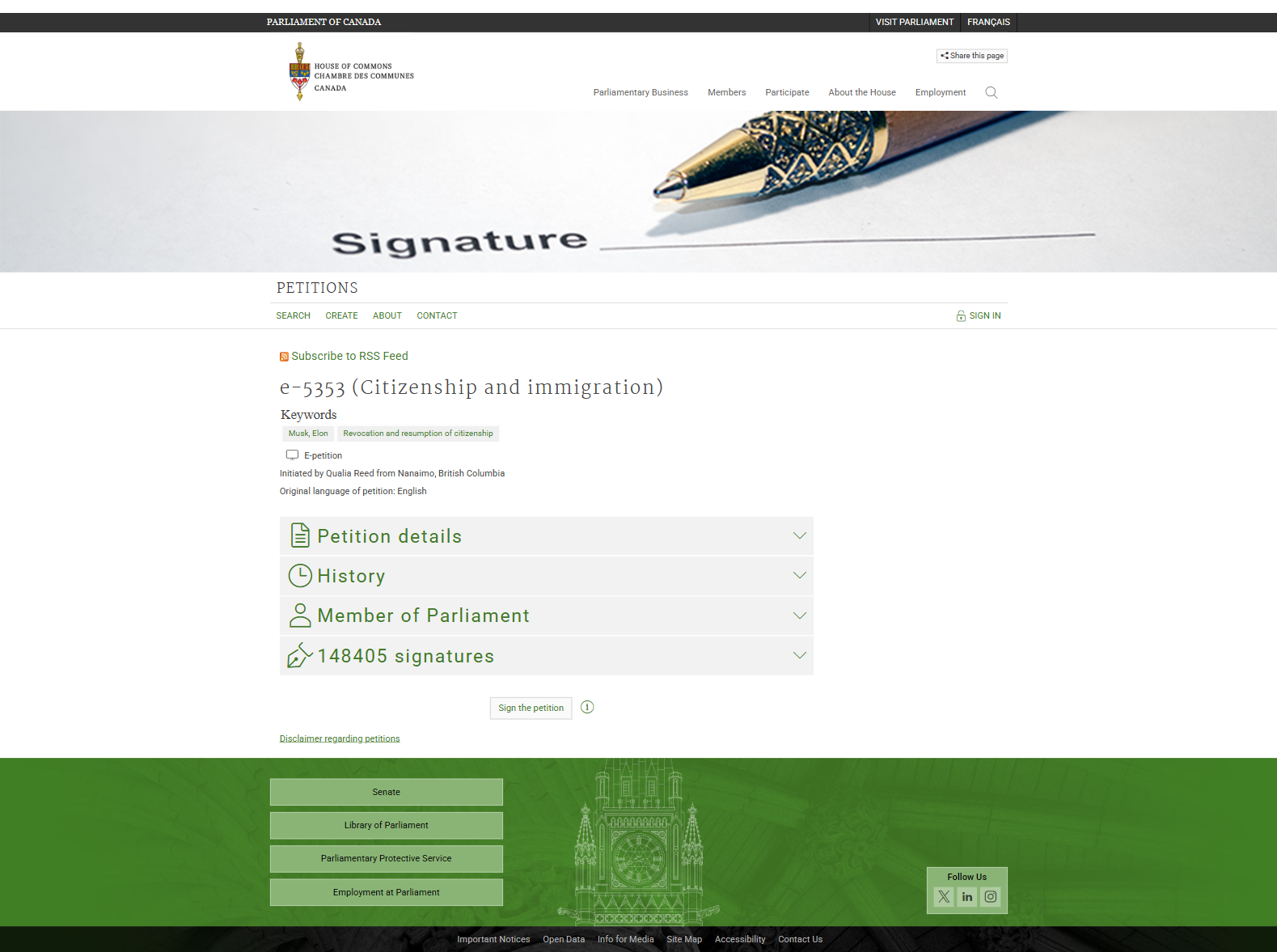 請願連署網站。圖/翻攝自加拿大下議院官網
