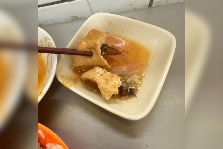 基隆廟口知名滷肉飯店的油豆腐竟包整隻蟑螂屍體，讓受害民眾當場崩潰。圖/取自爆料公社