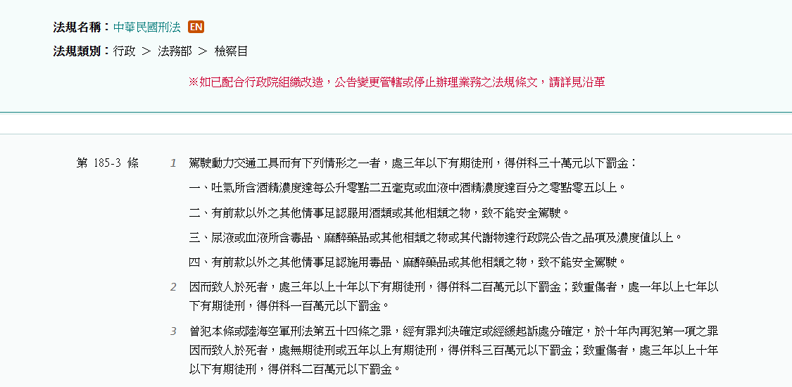 圖為刑法185-3條，針對不能安全駕駛罪的刑責。圖/取自全國法規資料庫官網