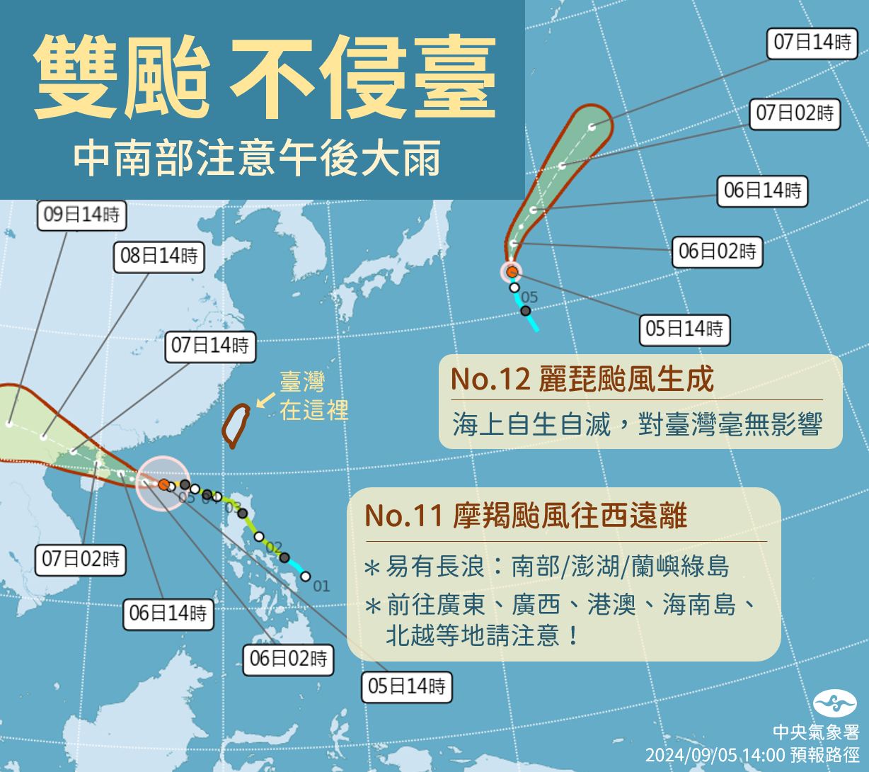 西太平洋目前有2個颱風。圖/取自中央氣象署