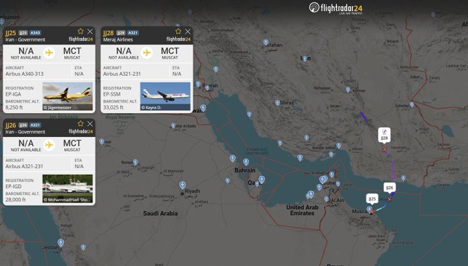  根據飛行追綜網站「Flightradar24」記載，三架飛機自伊朗起飛抵阿曼（Oman）首都機場，從編號看，其中含總統專機。圖／取自 Flightradar24 X