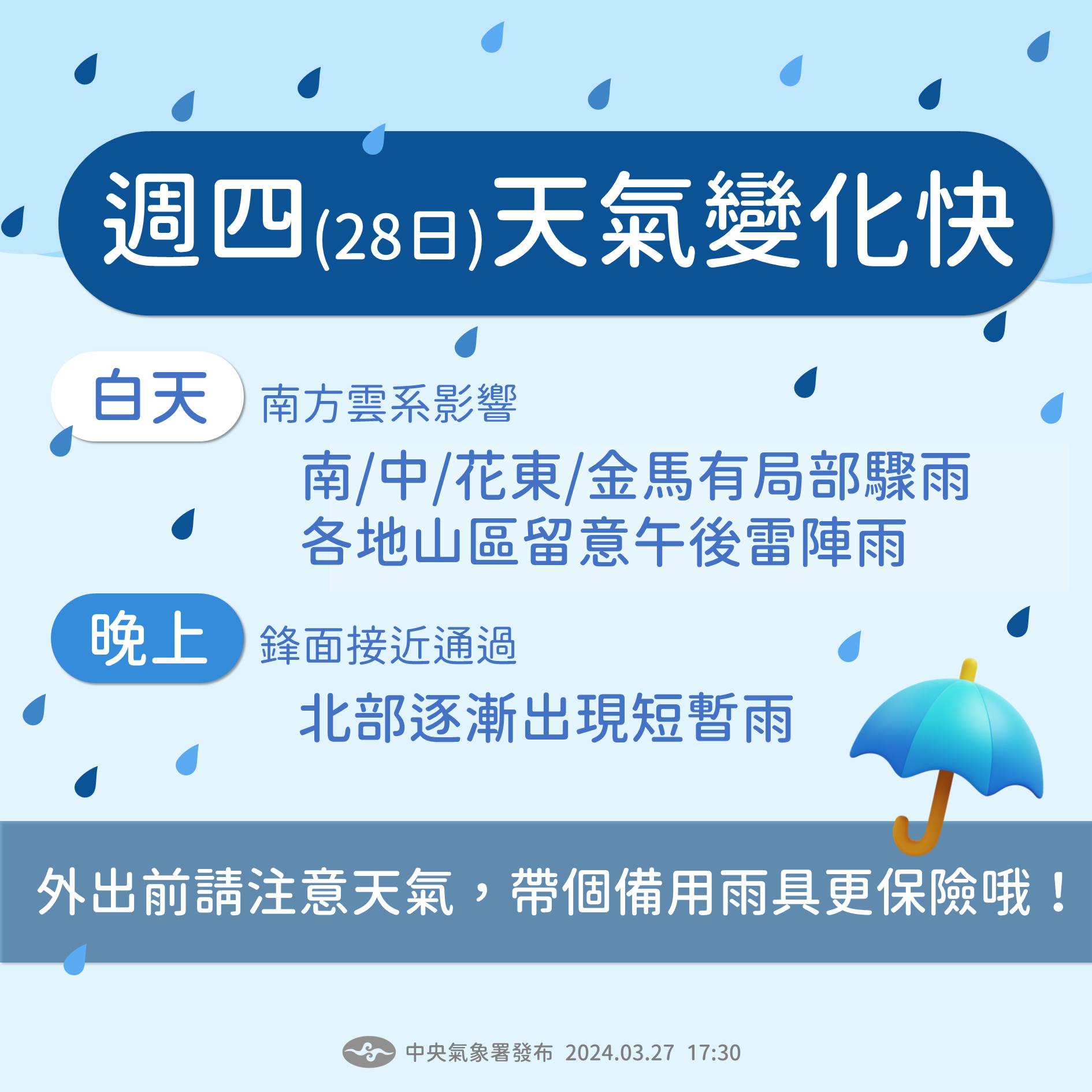 今天天氣變化快。圖/取自中央氣象署