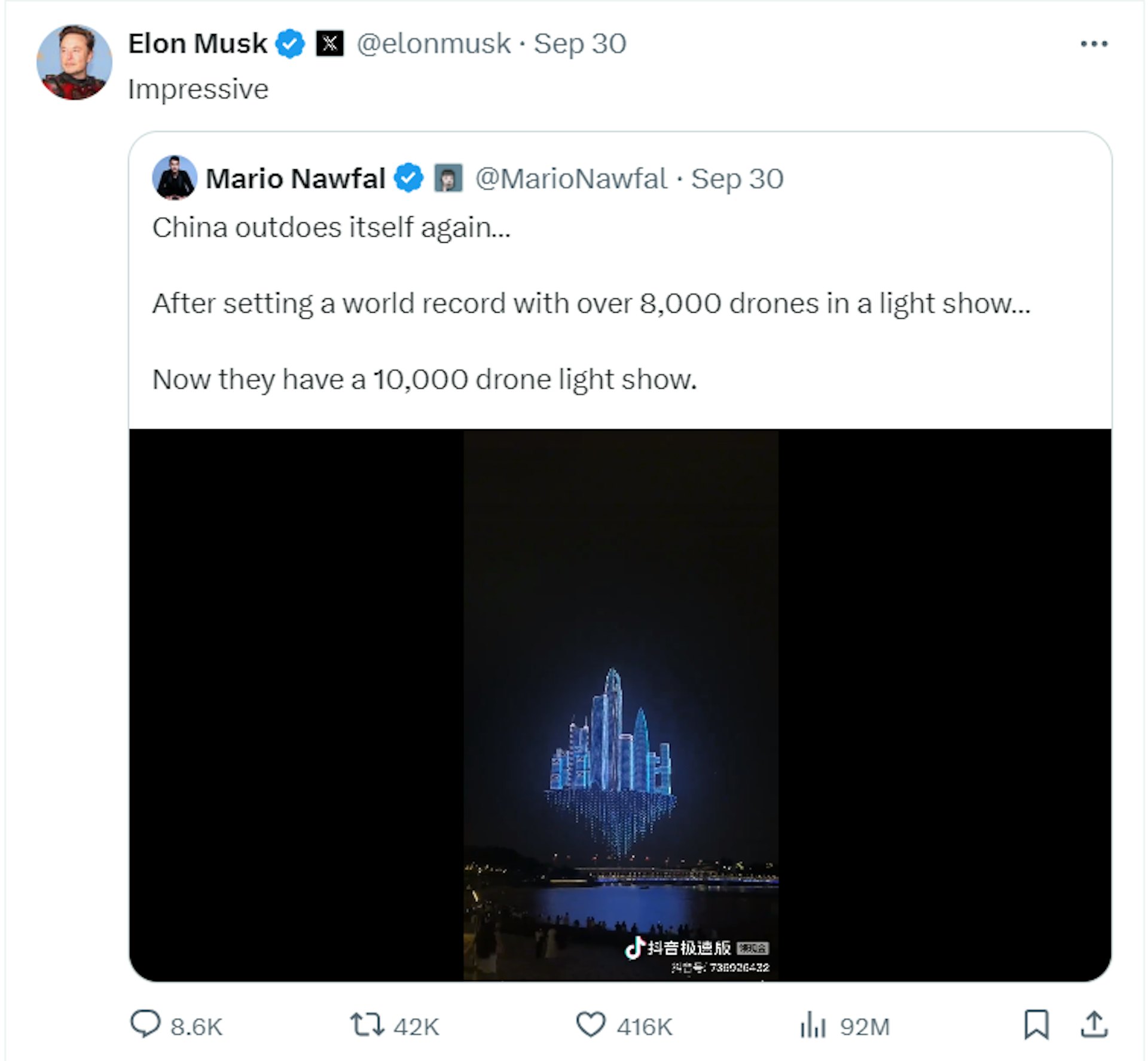 馬斯克近月連續兩次在X平台上對深圳無人機表演公開表示讚歎。圖/取自X截圖