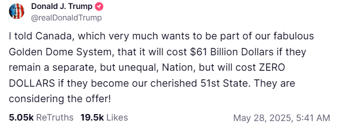 川普在個人社群發文。圖/取自川普Truth Social官方帳號
