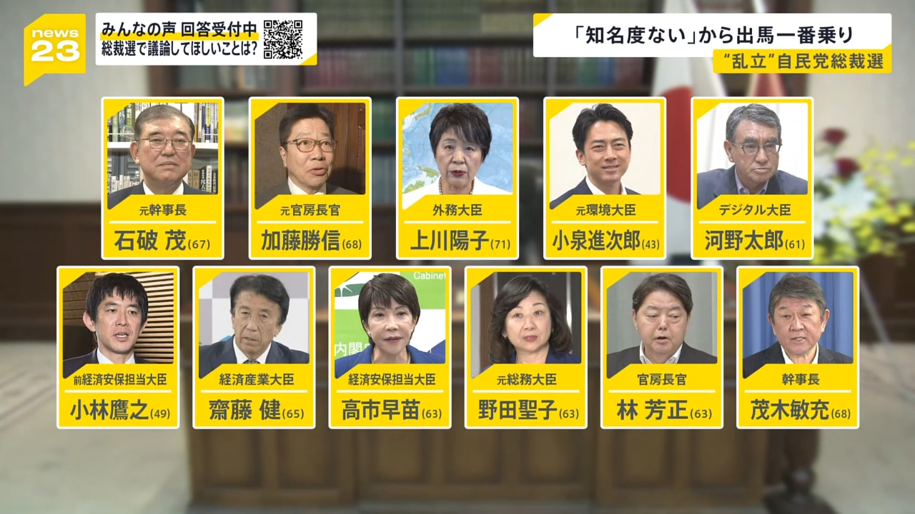 目前有意角逐自民黨總裁的11位人選。圖/取自TBS News官方《YouTube》頻道