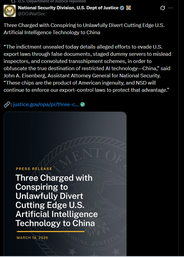 美國司法部也在其社群平台公布此事件。圖／取自National Security Division, U.S. Dept of Justice X