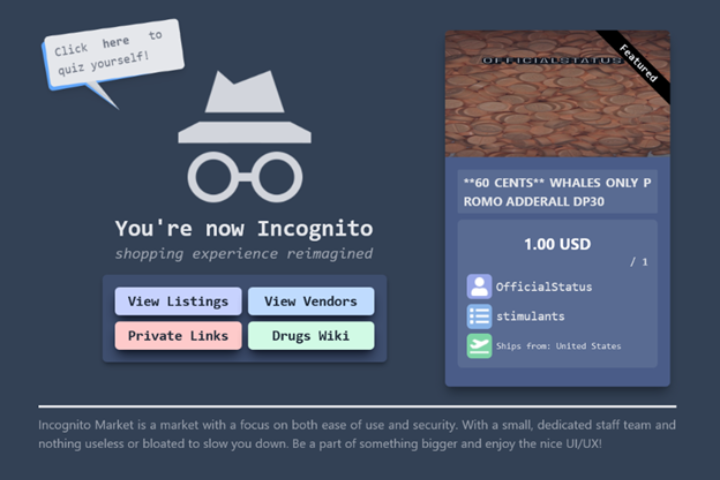 台大資管畢業生林睿庠創立的暗網毒品交易平台「隱匿市場」（Incognito Market）。圖/取自美國司法部網站