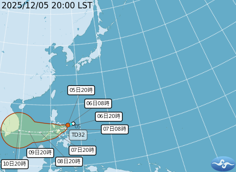 熱帶性低氣壓TD32預測路徑。圖/取自中央氣象署