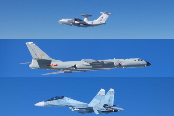中俄戰機聯合巡航,從上至下分別為俄軍的A-50預警機、共軍的轟6轟炸機、以及俄軍的蘇30戰機。圖/取自日本防衛省官網