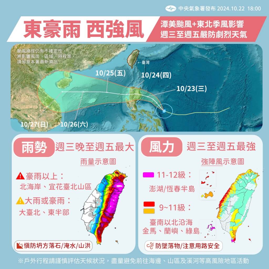 潭美颱風預計將會替東部帶來大雨、西部需提防強風。圖/取自中央氣象署