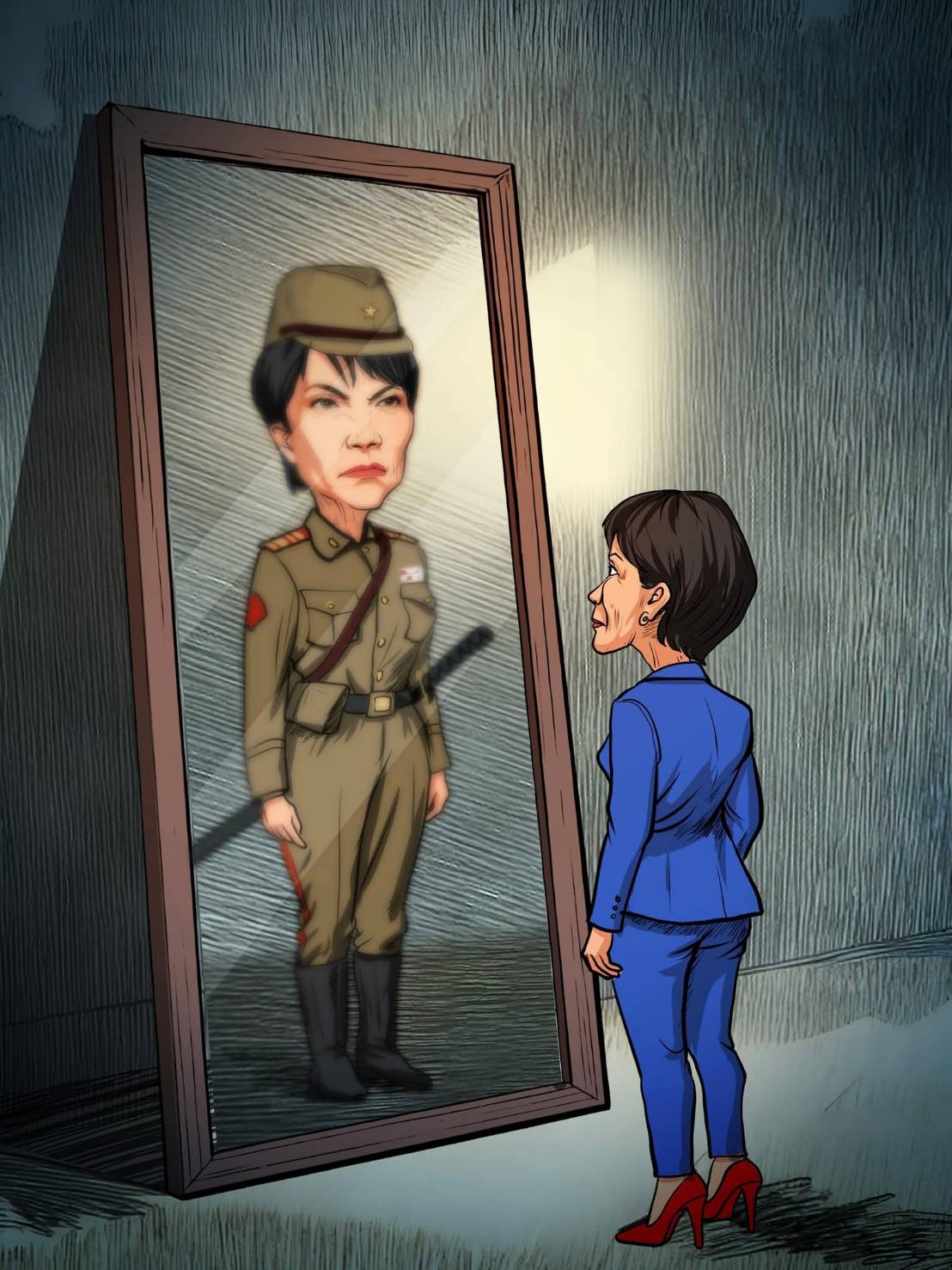 新華社以插圖批評,高市的言論是日本軍國主義復闢的預兆。圖/取自新華社臉書