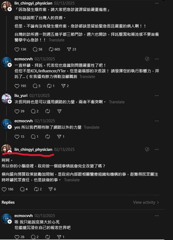 衛福部次長林靜儀回嗆在留言處陳情的醫師「呵呵小腦袋」。圖/取自陳昭姿臉書