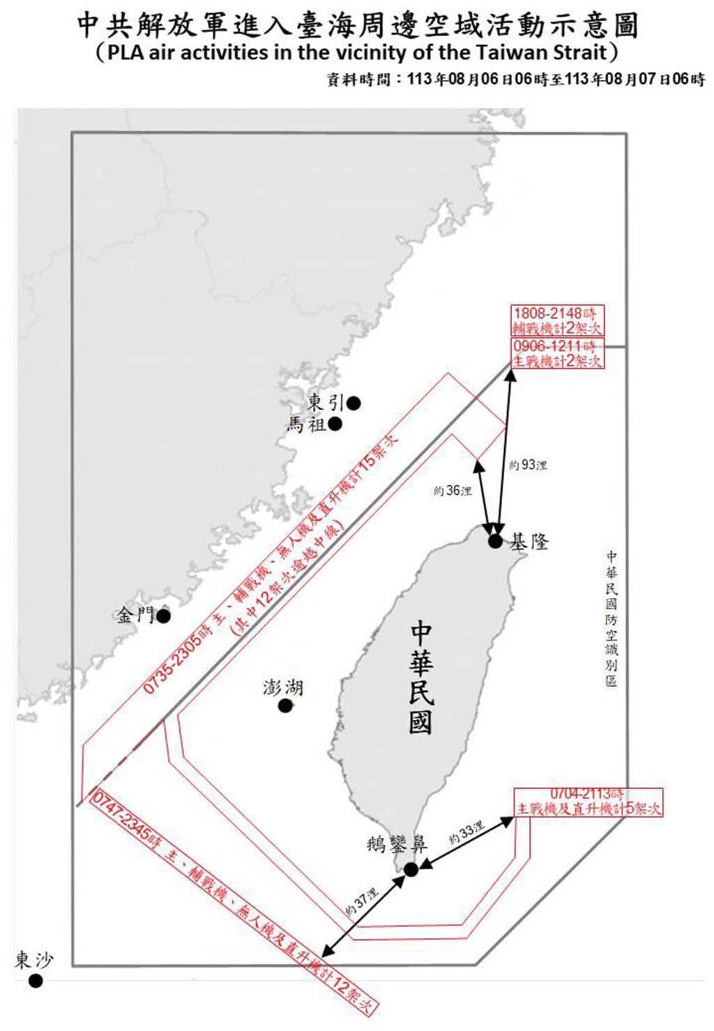 軍事專家張競指出，8月6日清晨6時至7日清晨6時，有共機越過24浬鄰接區，甚至可能已經進入台灣的內水和領空。對此，國防部回應未進入台灣24浬海域鄰接區。圖/取自國防部