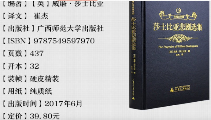 遼寧大學副教授崔杰翻譯的莎士比亞作品，被發現大量抄搬名家朱生豪舊譯，目前書已全部下架。圖/取自微博