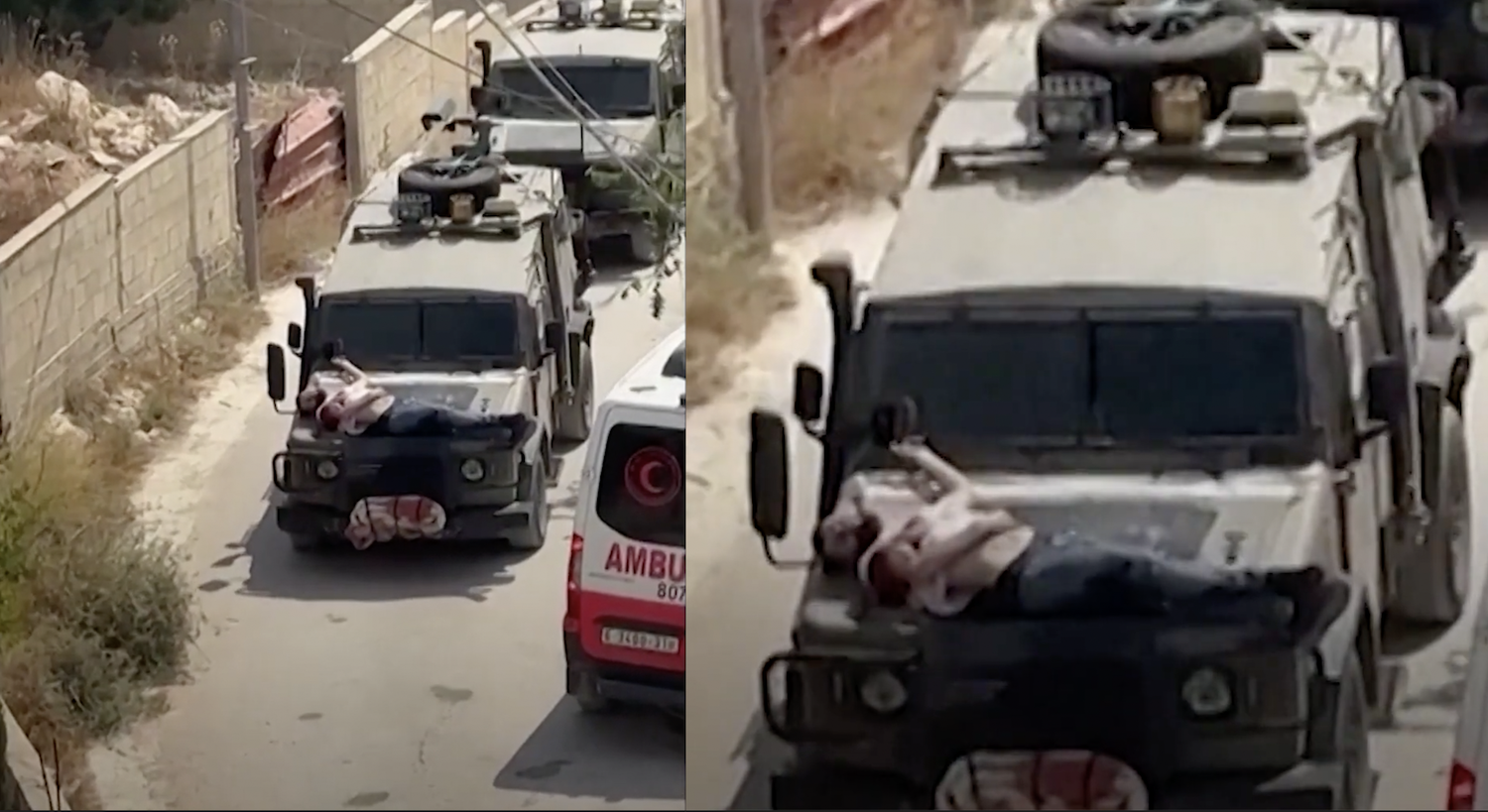 以色列軍隊將一名受傷的巴勒斯坦人綁在軍用吉普車引擎蓋上，途中還與救護車會車。The National News YouTube頻道