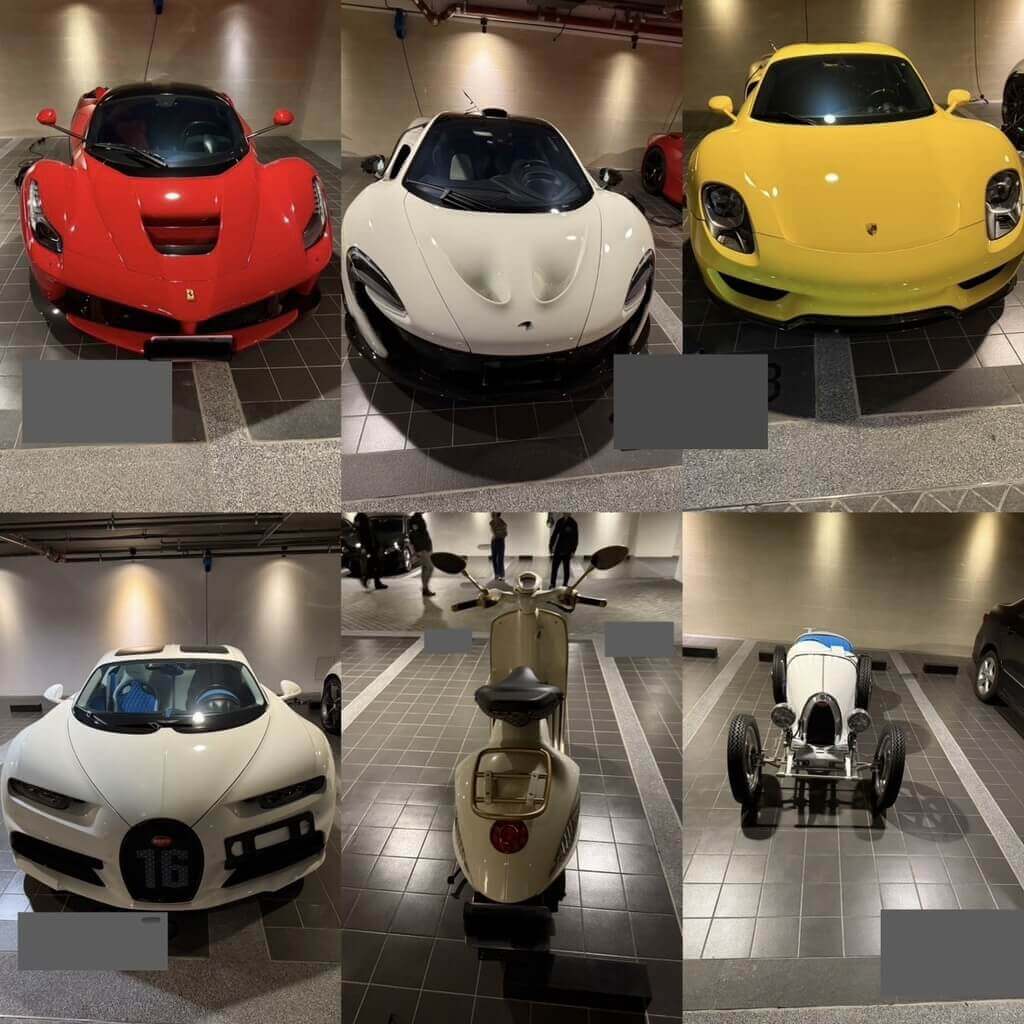 去年11月,台灣檢調查扣了太子集團在台灣的26輛超跑,其中包括價值2億的「山豬王」Bugatti Chiron Sport(左上紅色)。圖/取自調查局