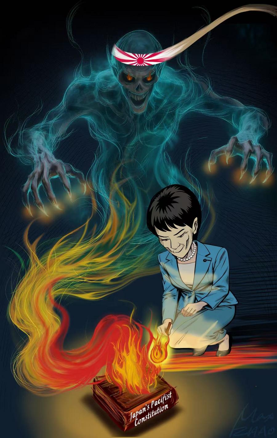 新華社的插圖暗諷高市赴靖國神社參拜的行為是「拜鬼」。圖/取自新華社臉書