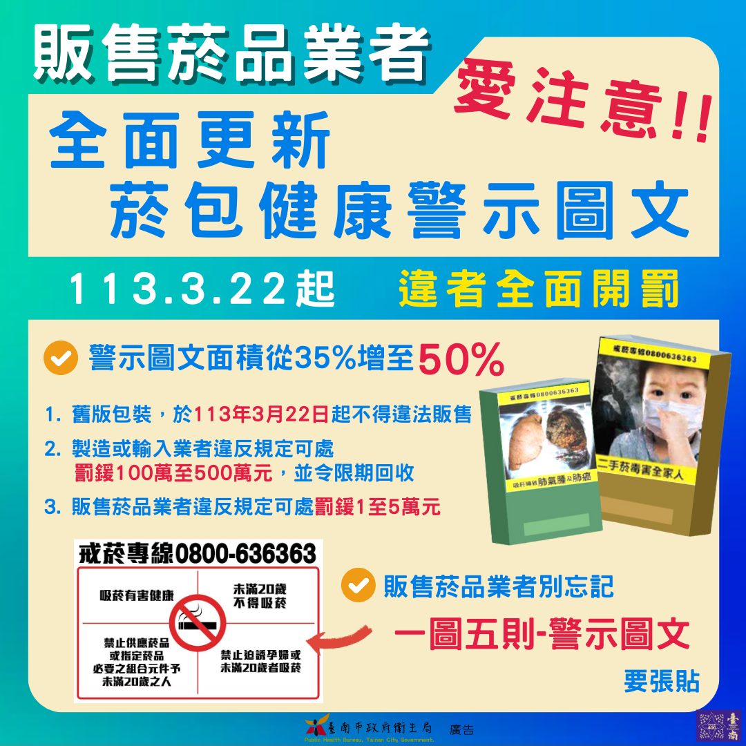 菸害防制法上路周年，下周又將菸盒外包裝警語面積加大。圖/取自台南市政府衛生局