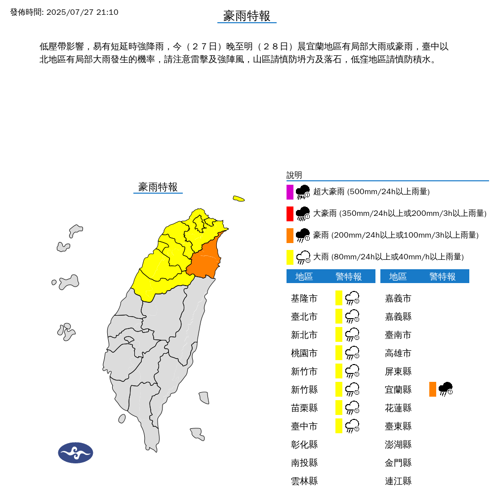 氣象署發布豪雨特報。圖/取自中央氣象署