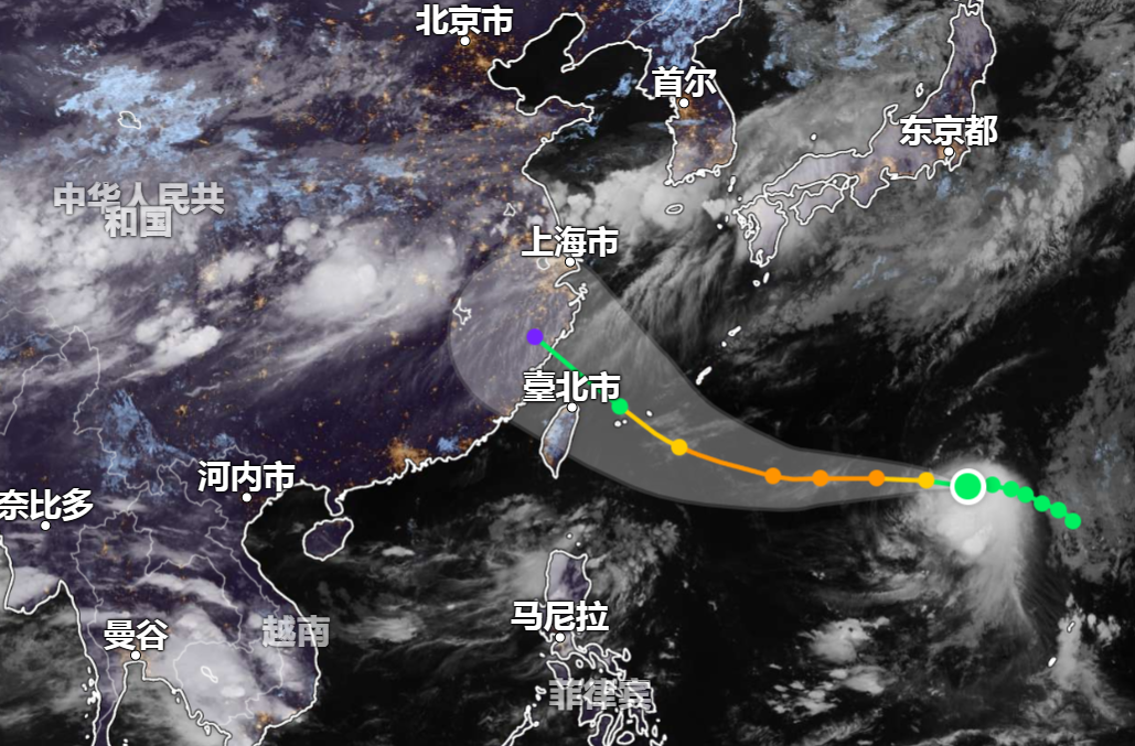 楊柳颱風預測路徑。圖/取自日本氣象廳向日葵衛星即時資訊網站
