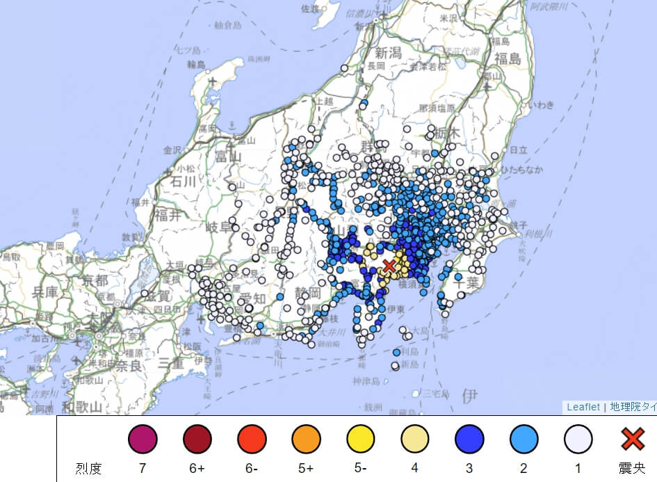 日本神奈川縣9日晚間出現規模5.3地震，因較淺層，東京也有感，引發日本人擔心。圖／取自日本氣象廳