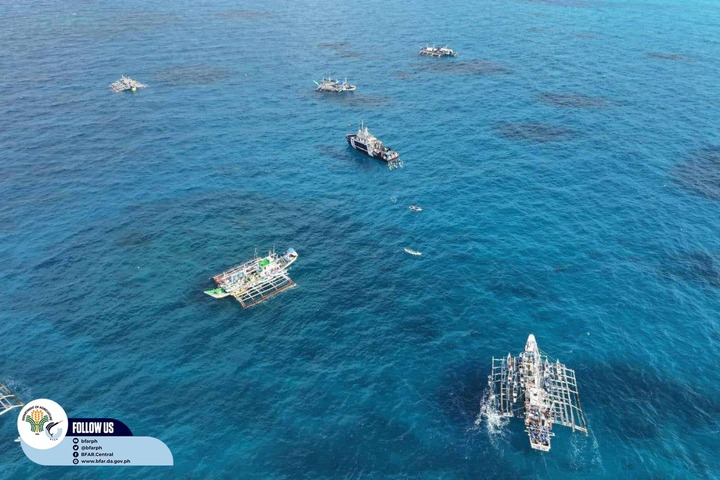 菲律賓海巡隊與漁業局船艦在黃岩島海域護漁。圖/取自PCG官方《臉書》