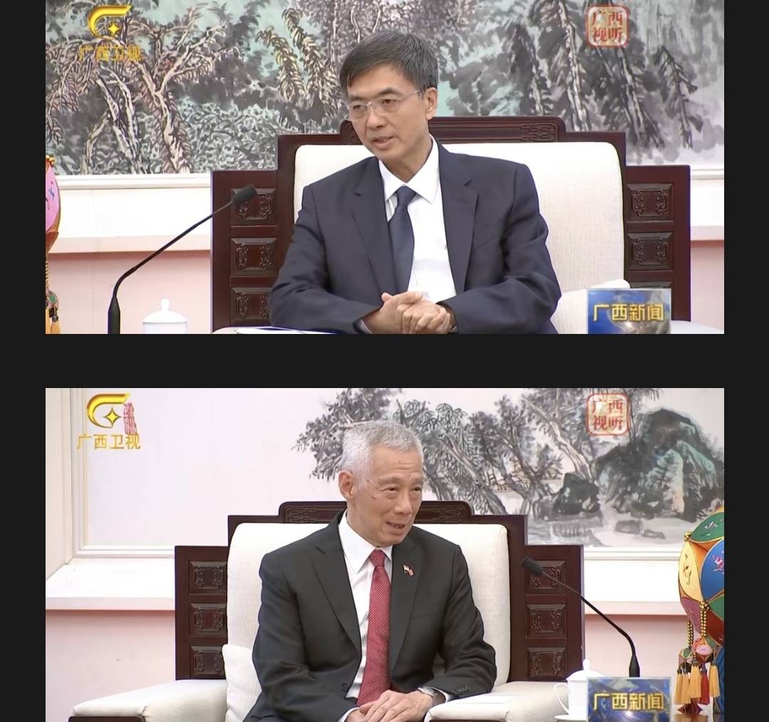 新加坡國務資政李顯龍（下）率團於5月19日拜會廣西黨委書記陳剛（上）。圖/取自廣西日報