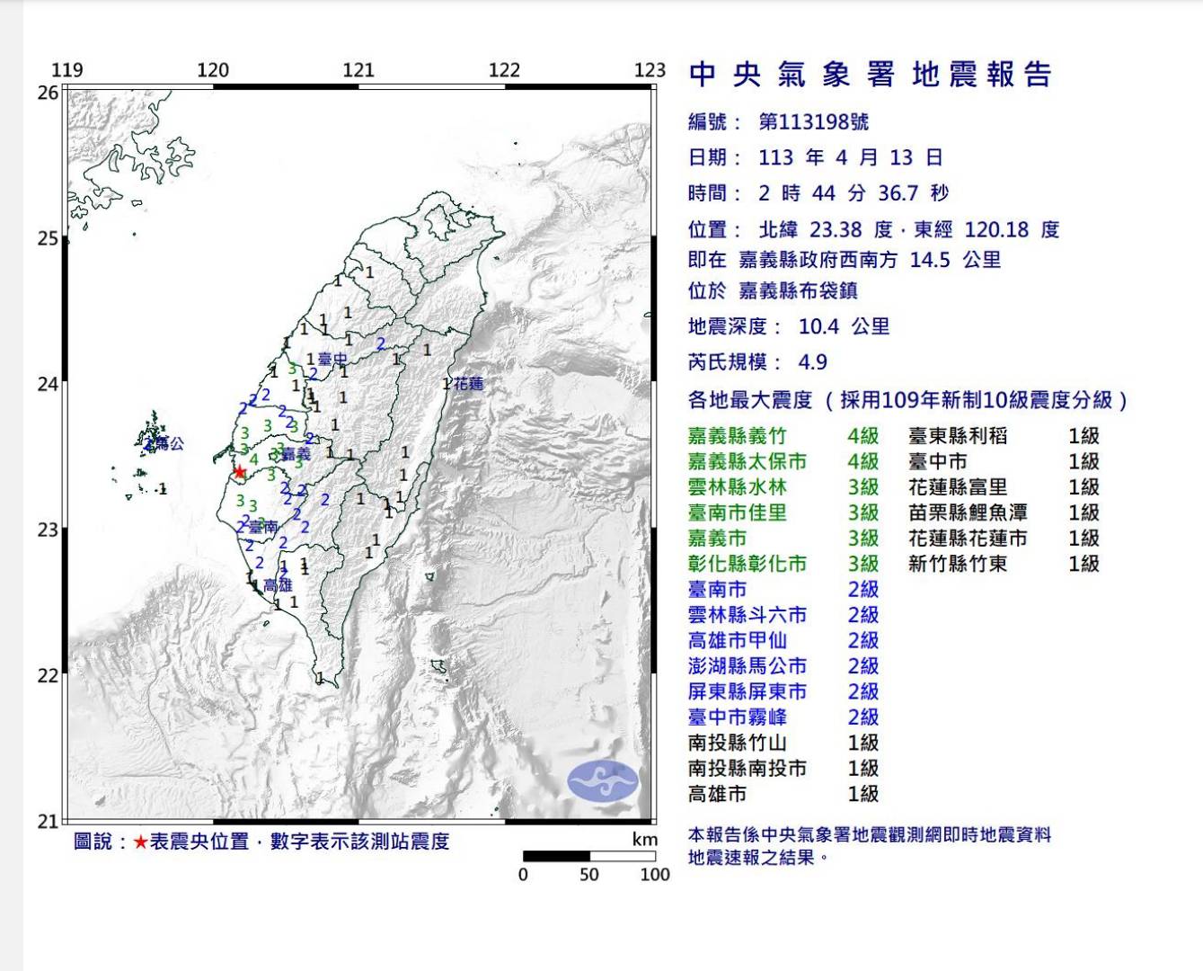 嘉義昨晚到今天清晨地震不停。圖/氣象署提供