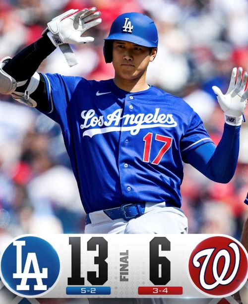 日籍球星大谷翔平於第3局轟出本季首發3分砲,帶動反攻氣勢,最終道奇以13比6大勝國民,收下勝利。圖/取自dodgerslakers IG