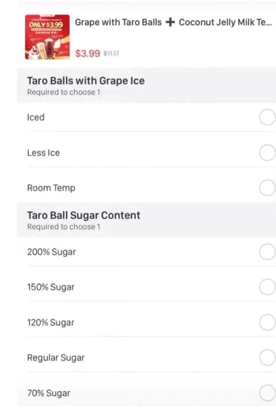 蜜雪冰城門店菜單顯示，美國版糖度選項，除原有的不加糖、三分糖、五分糖、七分糖與正常糖外，額外新增120%、150%與200%甜度選擇。圖/取自蜜雪冰城官網