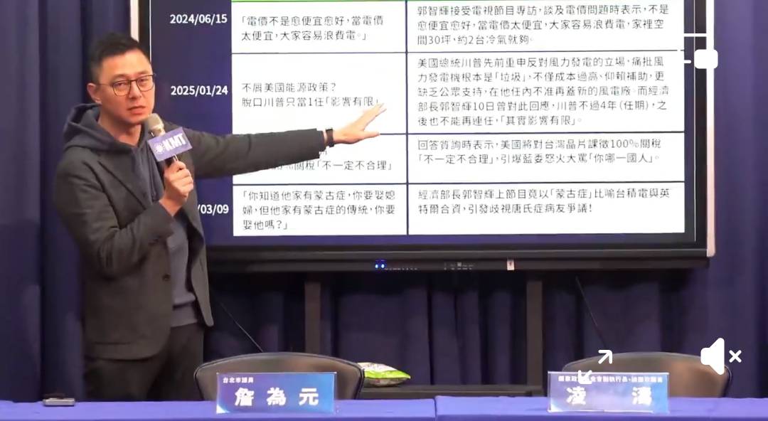 國民黨北市議員詹為元13日整理經濟部長郭智輝4次失言紀錄。圖/翻攝自國民黨直播畫面
