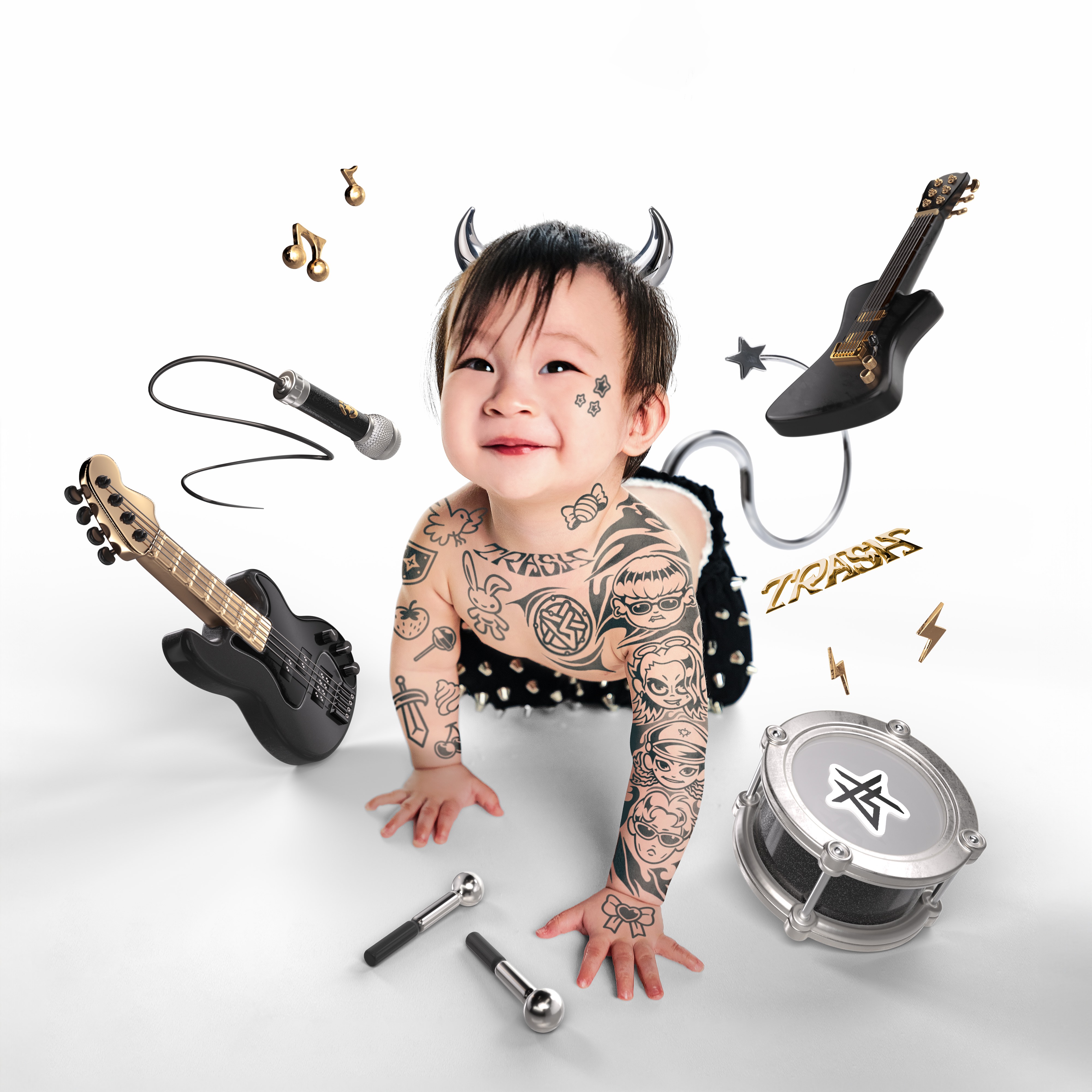 〈21世紀最強兒歌〉單曲封面出動阿夜兒子小朋擔任模特兒。圖/華納音樂提供
