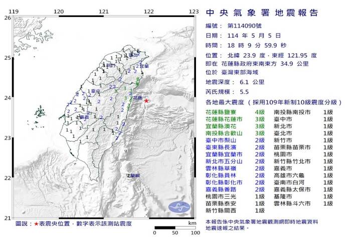 【快訊】東部海域接連6起有感地震　最大震度花蓮4級