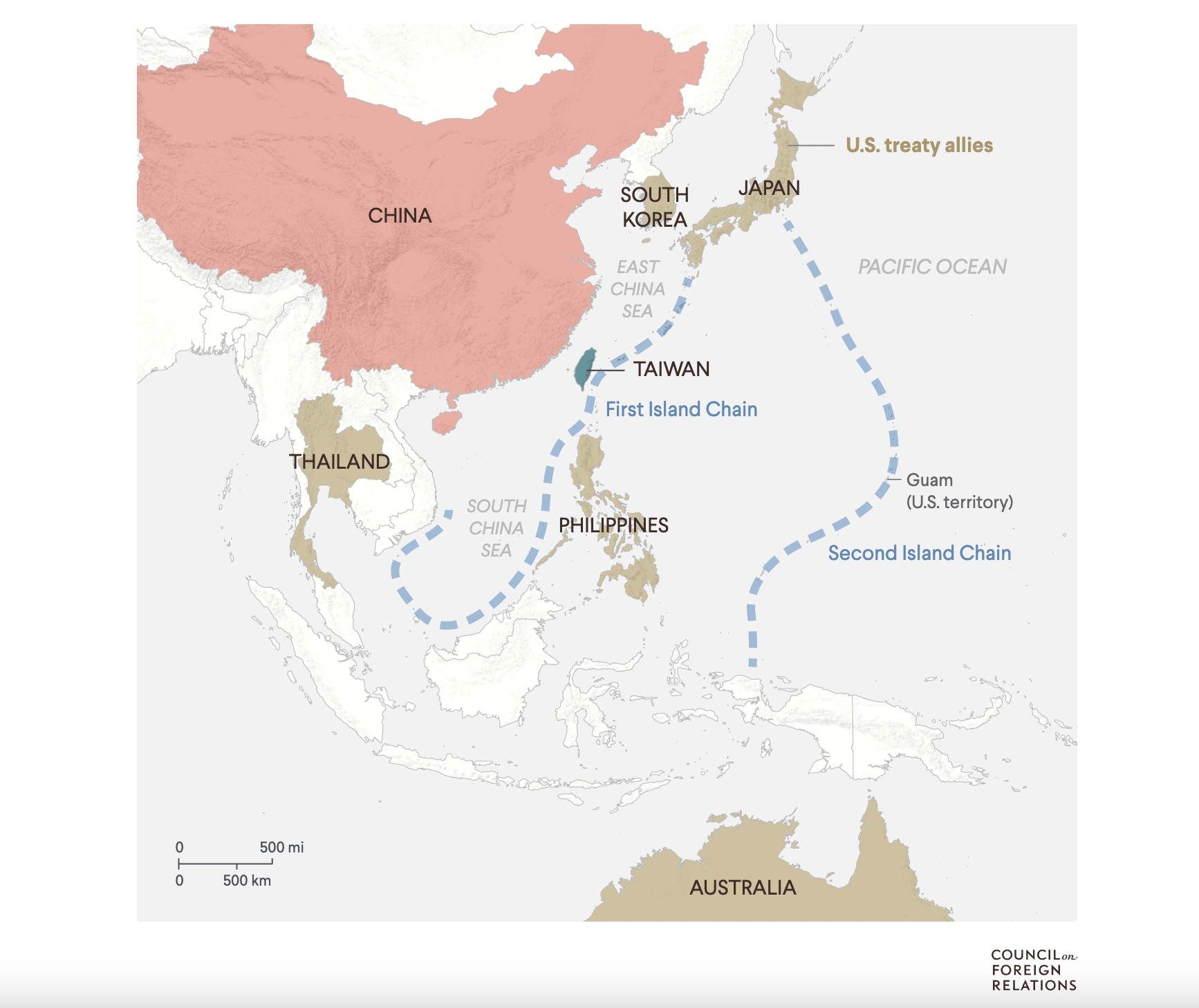 台灣位於西太平洋第一島鏈具有重要戰略價值。圖/取美國外交關係協會網站