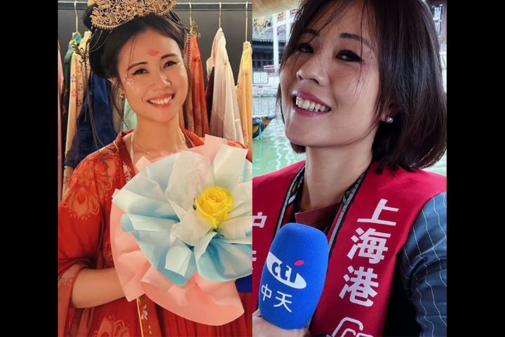 網紅「館長」陳之漢15日結束6天5夜的中國上海之旅，其中隨同採訪的中天記者何橞瑢因外型亮眼，受到網友關注。圖/取自何橞瑢IG