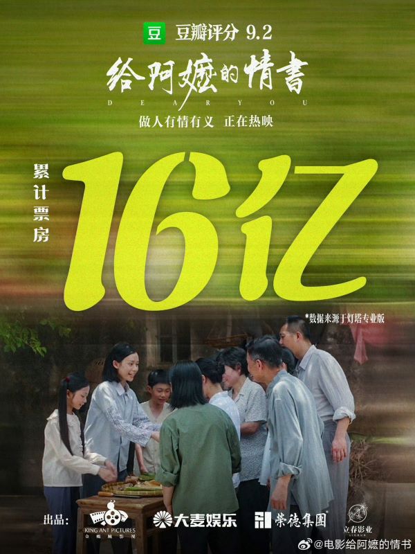  潮汕方言電影《給阿嬤的情書》截至6月8日，累計票房突破16.38億元人民幣。圖/取自給阿嬤的情書官博
