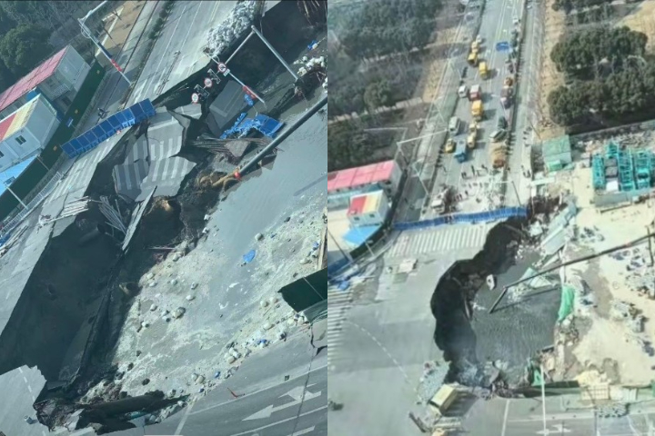 【有片】不是AI！上海地鐵工地驚見恐怖「天坑」　黑洞式吞噬路上設施