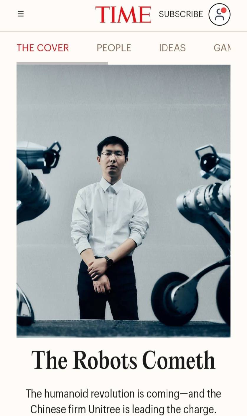 最新一期《時代》雜誌封面文章介紹了宇樹科技創辦人王興興,文章形容王興興是「AI時代一位非典型的預言者」,認為他正試圖推動機器人從實驗室走向一般人的生活場景。圖/截取自《TIME》