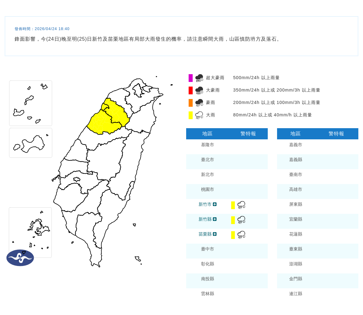 氣象署發布大雨特報。圖/取自中央氣象署