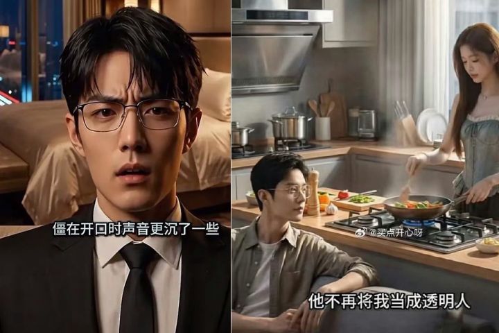  大陸AI短劇盜用肖戰臉孔，，事件曝光後部分劇集並未完全下架，而是改以局部打碼、修改角色名稱為「霄戰」等方式繼續流通。圖/取自影片