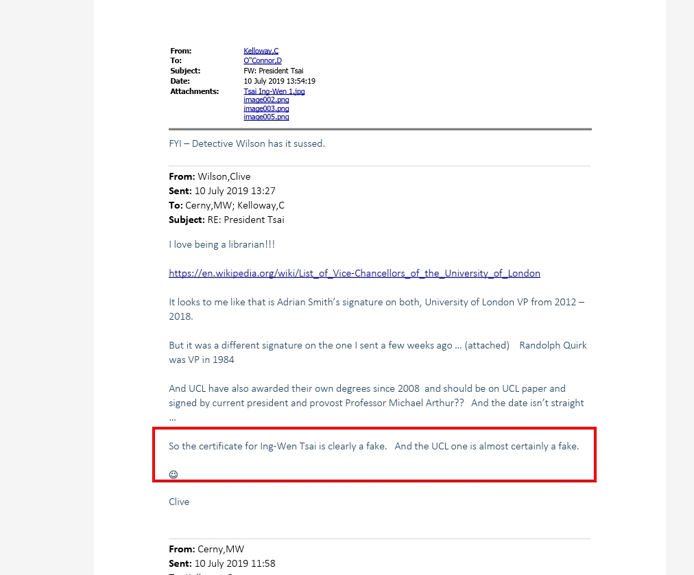 20260123倫敦政經學院資訊經理Clive Wilson在信件中指前總統蔡英文在Dcard秀出來的畢業證書「顯然是假的(clearly a fake)」(紅框處)。圖彭文正提供.jpg