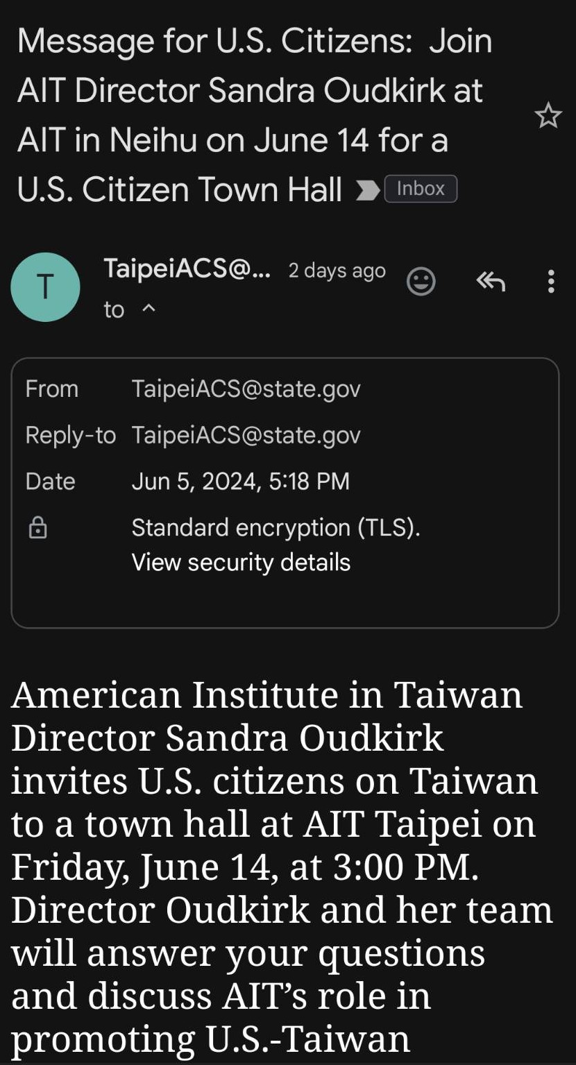 圖為AIT官方發出的原始電郵，由美國公民提供。圖／取自台灣事實查核中心