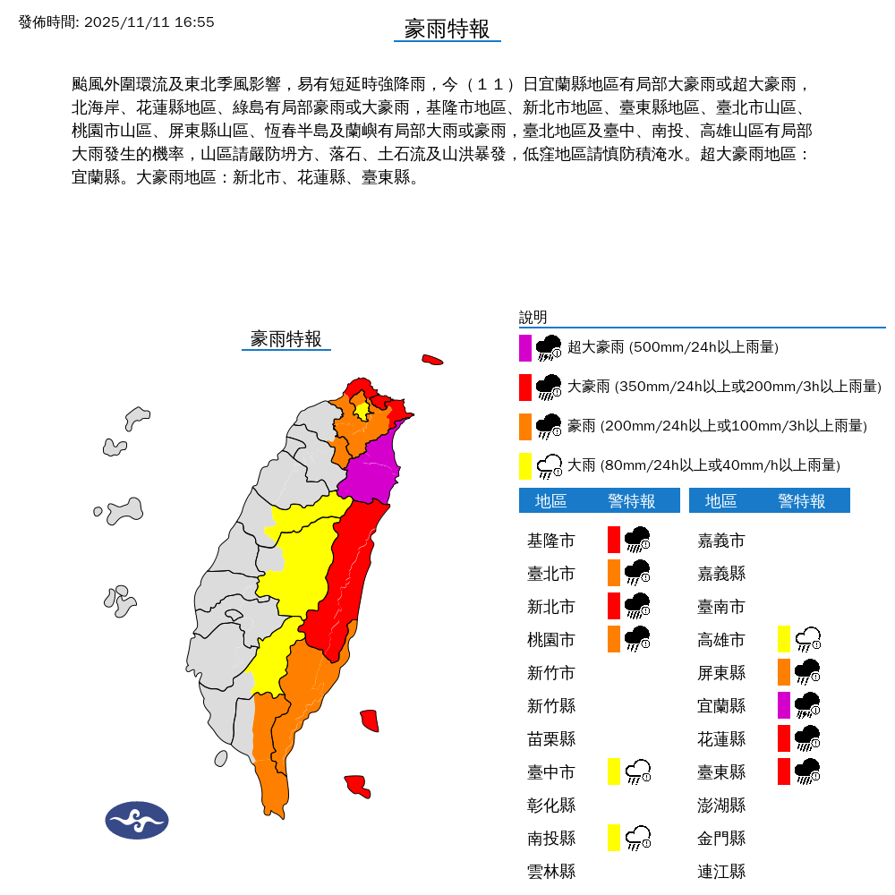 氣象署發布豪雨特報。圖/取自中央氣象署