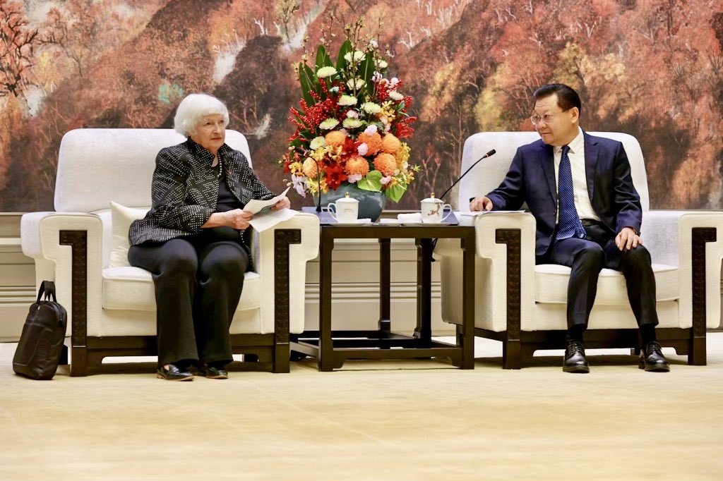 美國財政部長葉倫4日訪問廣州，與廣東省省長王偉中會面。圖/取自Secretary Janet Yellen & @SecYellen