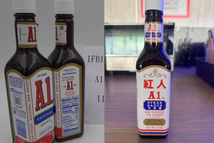 美國進口A1牛排醬被檢出有致癌物環氧乙烷（圖左），生產紅人A1牛排醬（圖右）的台灣廠商德誠食品緊急澄清，兩者是完全不同的品牌。圖/取自食藥署網站